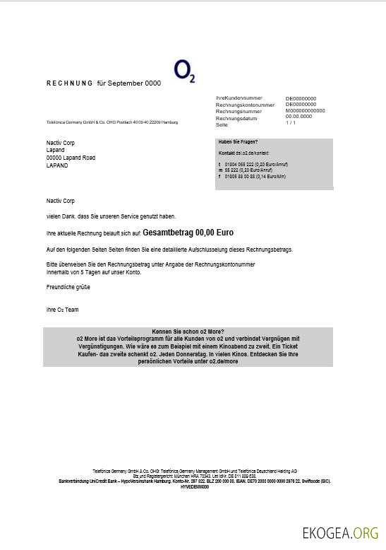 Modèle de facture de services publics d'entreprise Allemagne RECHNUNG O2 aux formats Word et PDF